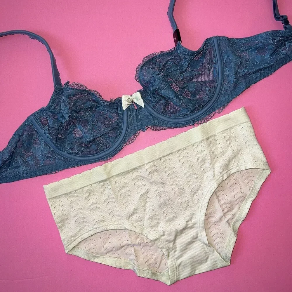 NWT Victoria's Secret unlined 34C BRA SET M Panty TEAL blue yellow lace BODY by